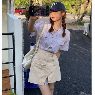 Short-sleeve Striped Mini Shirt Dress / Button-up Mini Pencil Skirt