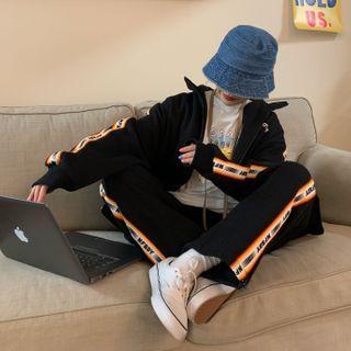 Set: Contrast Trim Lettering Zip-up Jacket + Sweatpants