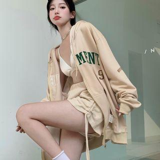 Long-sleeve Lettering Zip Hoodie Almond - One Size