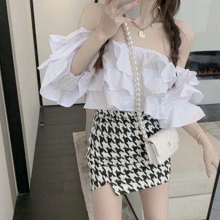 Elbow-sleeve Off Shoulder Blouse / Houndstooth Skirt