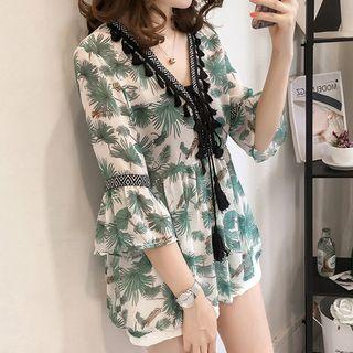 V-neck Print Fringe Shirt