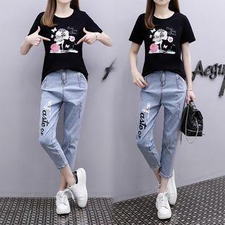 Set: Printed Short-sleeve T-shirt + Slim Fit Jeans
