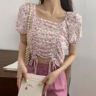 Floral Print Short-sleeve Cropped Blouse Pink - One Size