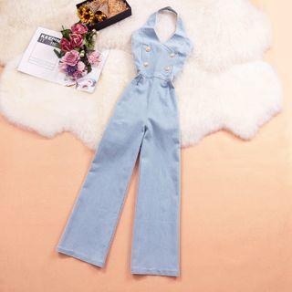 Halter-neck Double-breasted Wide Leg Jumpsuit