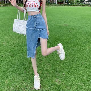 Fray Hem Asymmetrical Denim Pencil Skirt