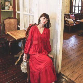 Long-sleeve Embroidered Tiered Midi A-line Dress