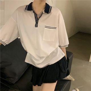 Elbow-sleeve Contrast Trim Polo Shirt White - One Size
