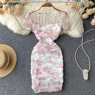 Puff-sleeve Square-neck Floral Ruched Mesh Dress