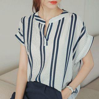 Open-placket Cap-sleeve Striped Blouse
