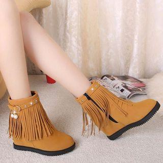 Hidden Wedge Fringed Buckled Short Boots