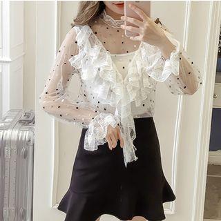 Set: Long-sleeve Dotted Lace Trim Mesh Top + Camisole