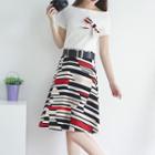 Set: Bow Detail Short-sleeve T-shirt + Striped Midi Skirt