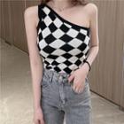 One-shoulder Checkerboard Knit Top