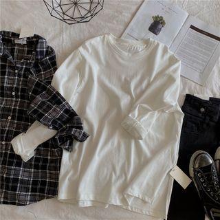 Long-sleeve Slit-hem T-shirt Milky White - One Size