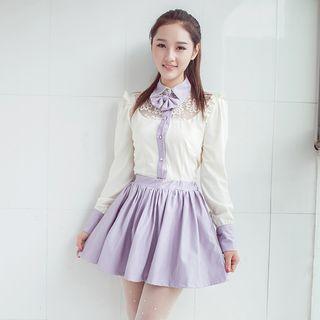 Bow Shirt / A-line Faux Leather Skirt