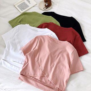 Plain Crewneck Cut Out Slim-fit Short-sleeve Top