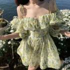 Cold-shoulder Floral Lace Up Mini A-line Dress