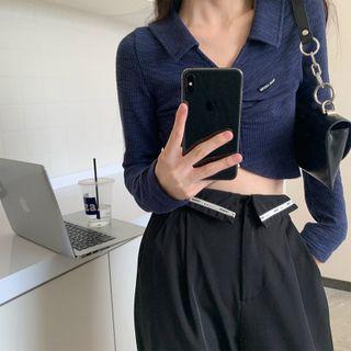Long-sleeve Collar Zipped Cropped T-shirt