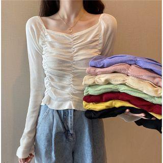 Plain Square-neck Ruched Panel Knit Top