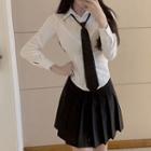 Long-sleeve Shirt With Necktie / Mini A-line Skirt / Set