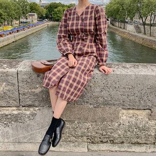 V-neck Tie-waist Checked Shirtdress