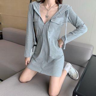 Long-sleeve Hooded Zip Mini Sheath Dress
