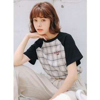 Plaid Panel Short-sleeve T-shirt Black - One Size