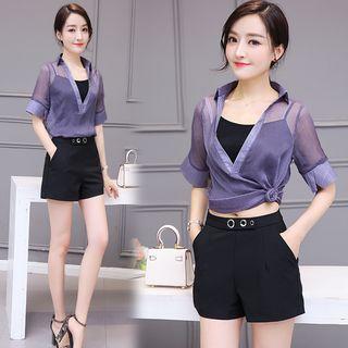 Set: Split Neck Elbow Sleeve Shirt + Camisole Top + Eyelet Detail Shorts