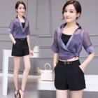 Set: Split Neck Elbow Sleeve Shirt + Camisole Top + Eyelet Detail Shorts