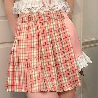 Balloon-sleeve Lace Trim Blouse / Plaid Panel Skort