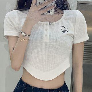 Short-sleeve Heart Henley Crop Top