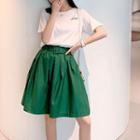 Set: Plain Panel Lace T-shirt + Tie-waist Mini Skirt