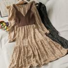 Set: Puff-sleeve Floral Midi Dress + Plain Vest
