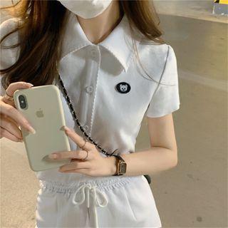 Set: Short-sleeve Button-up Crop Top + Mini Skirt