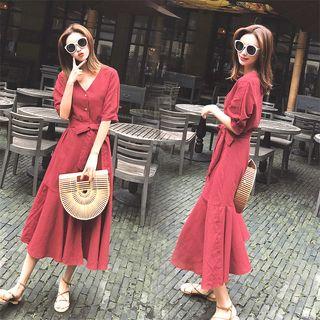 Short Sleeve V-neck Midi Dress