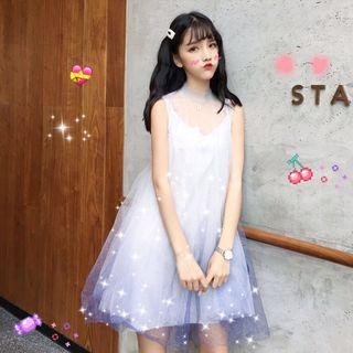 Set: Sleeveless Sheer Dress + Slipdress As Shown In Figure - One Size