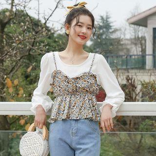 Mock Two-piece Blouse Floral - White & Yellow & Blue - One Size