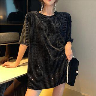 Crew-neck Elbow-sleeve T-shirt Black - One Size