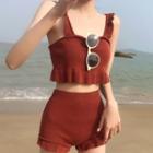 Set: Sleeveless Frill Trim Knit Swim Top + Swim Shorts