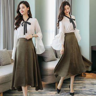 Set: Bell-sleeve Blouse + A-line Midi Skirt