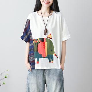 Elbow-sleeve Elephant Print Oversized Top