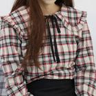 Wide-collar Puff-sleeve Plaid Blouse