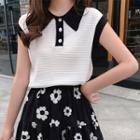 Sleeveless Contrast Trim Knit Polo Shirt White - One Size