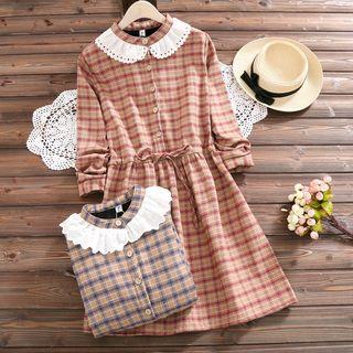Fleece-lined Plaid Long-sleeve Lace Collar Dress