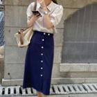 Striped Puff-sleeve Shirt / Midi A-line Skirt