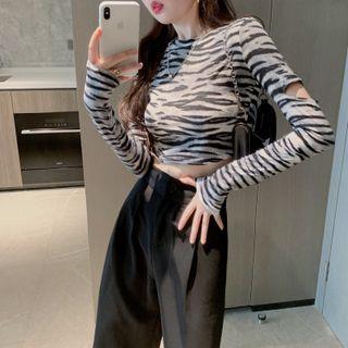 Long-sleeve Zebra Print Cutout Cropped T-shirt / Wide Leg Dress Pants