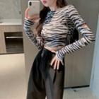 Long-sleeve Zebra Print Cutout Cropped T-shirt / Wide Leg Dress Pants