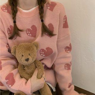 Heart Print Sweater Love Heart - Pink - One Size