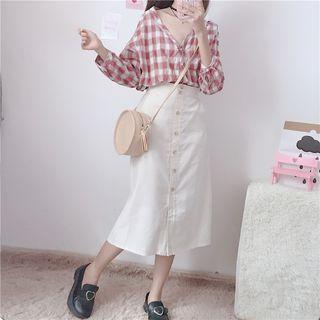 3/4-sleeve Plaid Blouse / A-line Midi Skirt