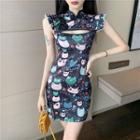 Mandarin Collar Print Cutout Mini Bodycon Dress